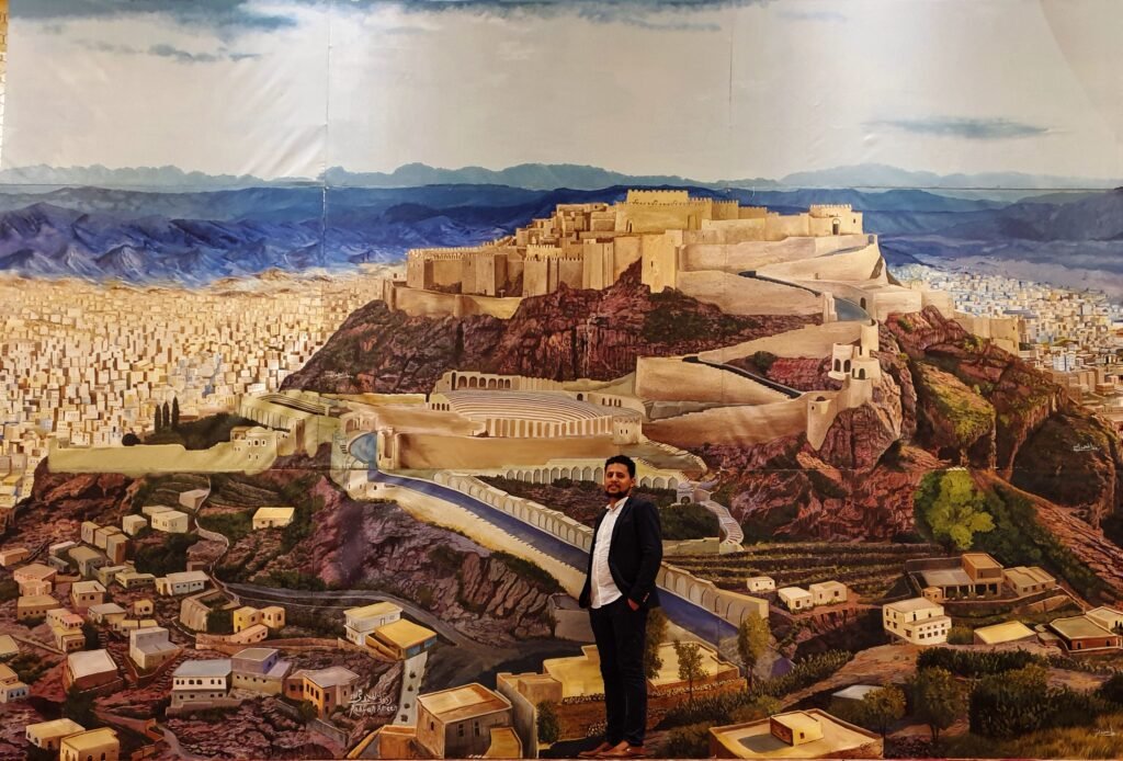 العنوان:قلعة القاهرة تعز, الخامة: ألوان اكريليك المقاس: 700×500سم, سنة الإنتاج: 2019